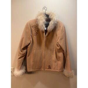 Vintage Northern Sun Tan Wool Jacket‎ Fur Trim Embroidered Indigenous Art L